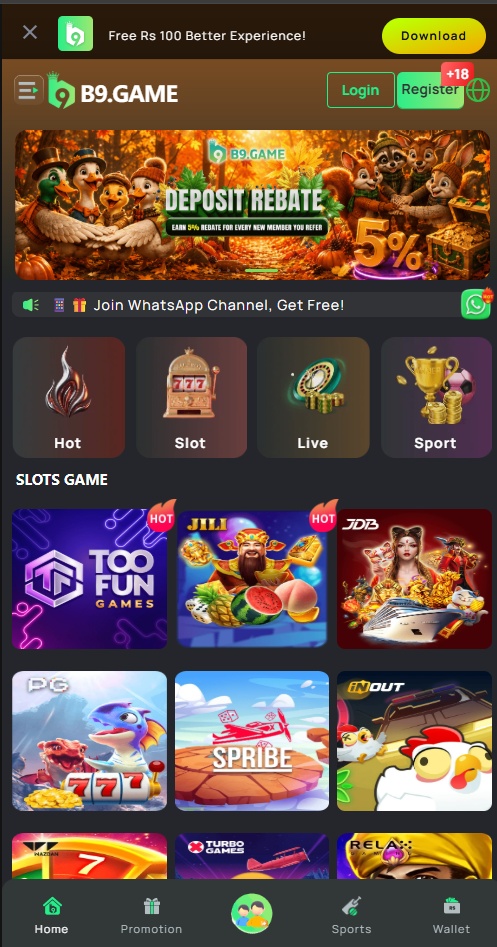 B9 Game app home screen showing slot game categories and promotions