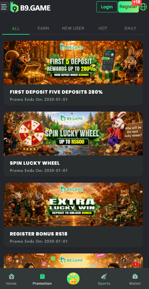 B9 app promotions screen listing first deposit rewards, lucky wheel and register bonus offers