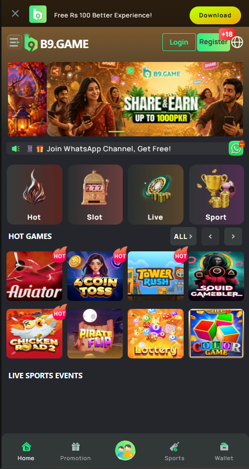 B9 app game selection screen showing slot thumbnails in a grid