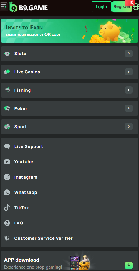 B9 app account screen with profile, security and support shortcuts
